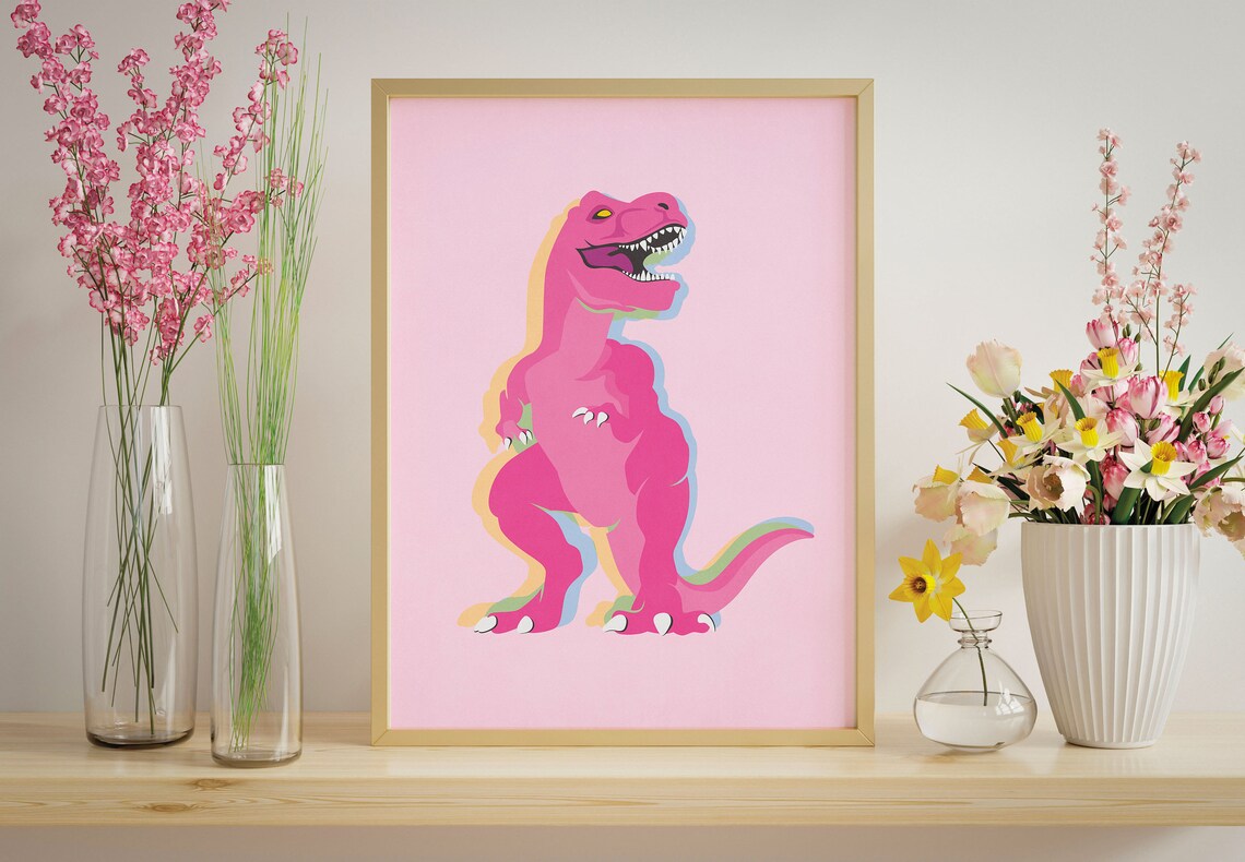 Pink Minimalist Dinosaur Art Print, Kids Room Decor