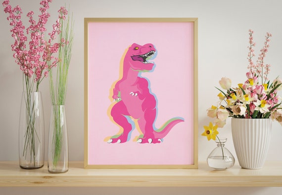 Pink Minimalist Dinosaur Art Print, Kids Room Decor