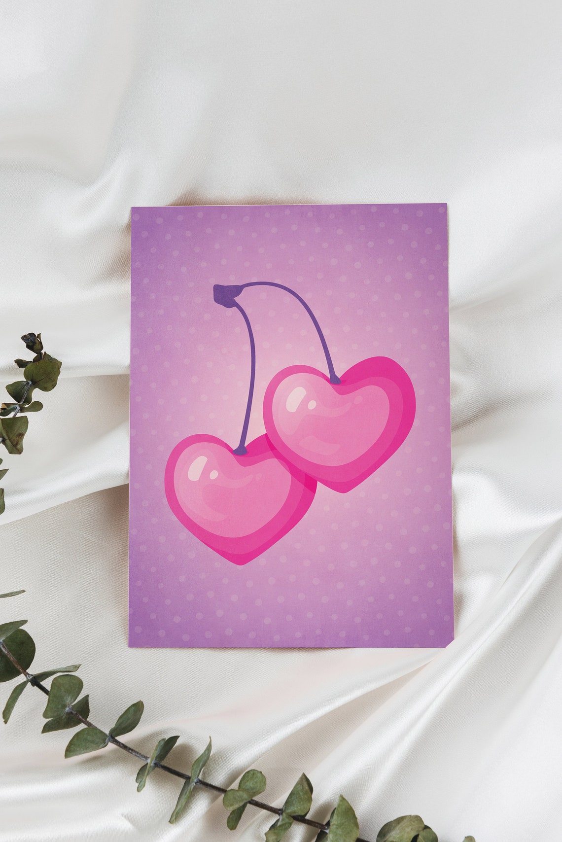 Heart Shaped Pink Cherries Purple Polka Dot Background Art Poster
