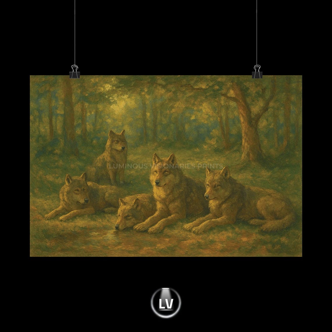 Wolf Pack Resting in Sunlit Forest Clearing Vintage Painting Poster