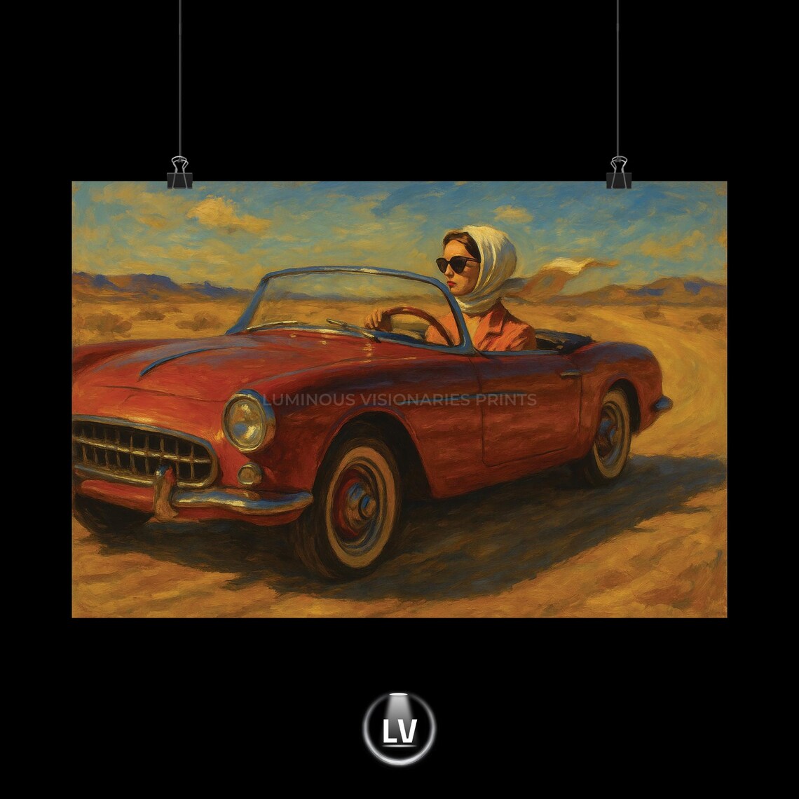 Red Vintage Convertible Desert Road Drive Classic Car Art Poster