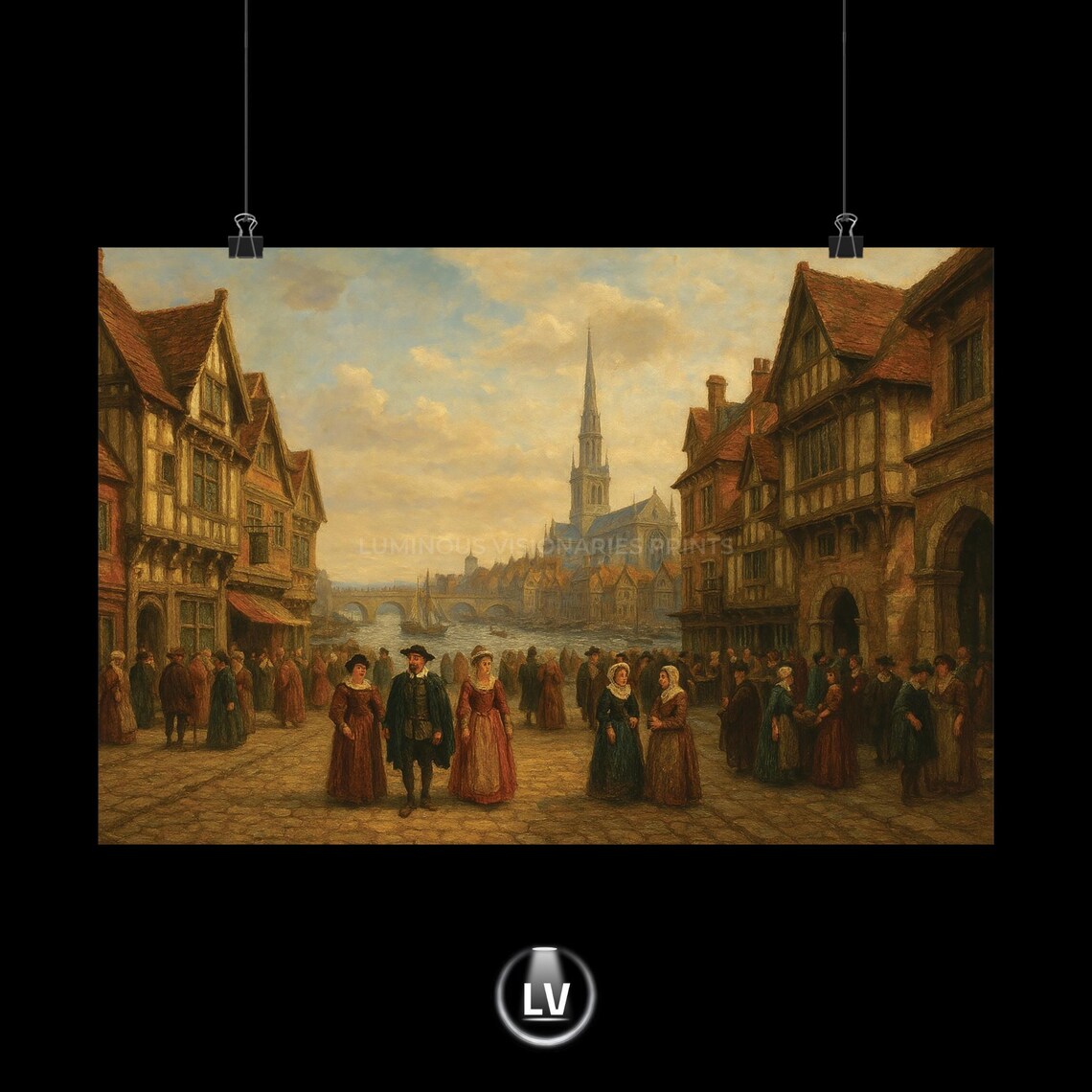 Vintage European Old Town Street Scene Classic Historical Poster