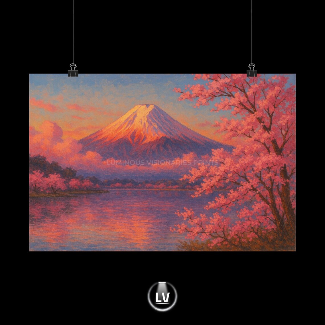 Mount Fuji Cherry Blossom Sunset Lake Japan Poster Pink Floral Artwork