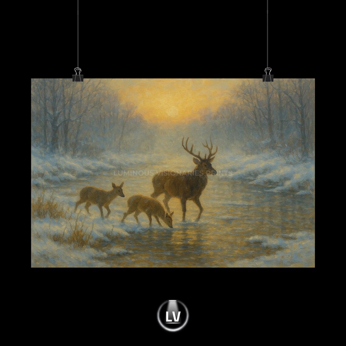Deer Family Crossing Snowy Stream at Sunset Vintage Painting Poster
