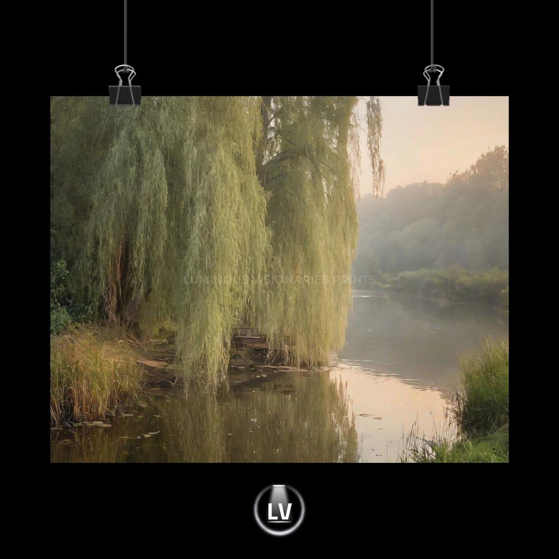 Weeping Willow Curtain Calm Pond Misty Tranquil Nature Poster