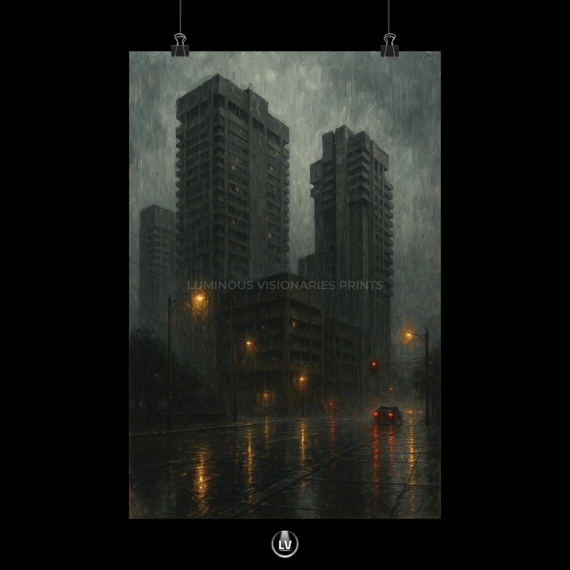 Rainy Night City Painting Poster Moody Urban Streetlight Reflections Wall Decor