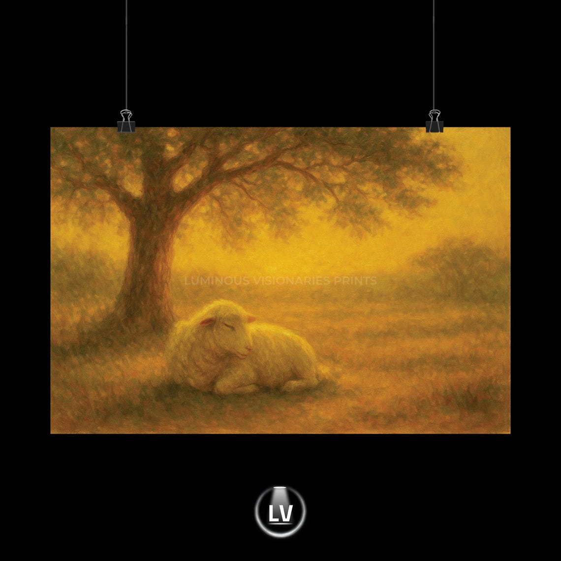 Resting Sheep Under Oak Tree Golden Sunset Pastoral Farm Art Poster