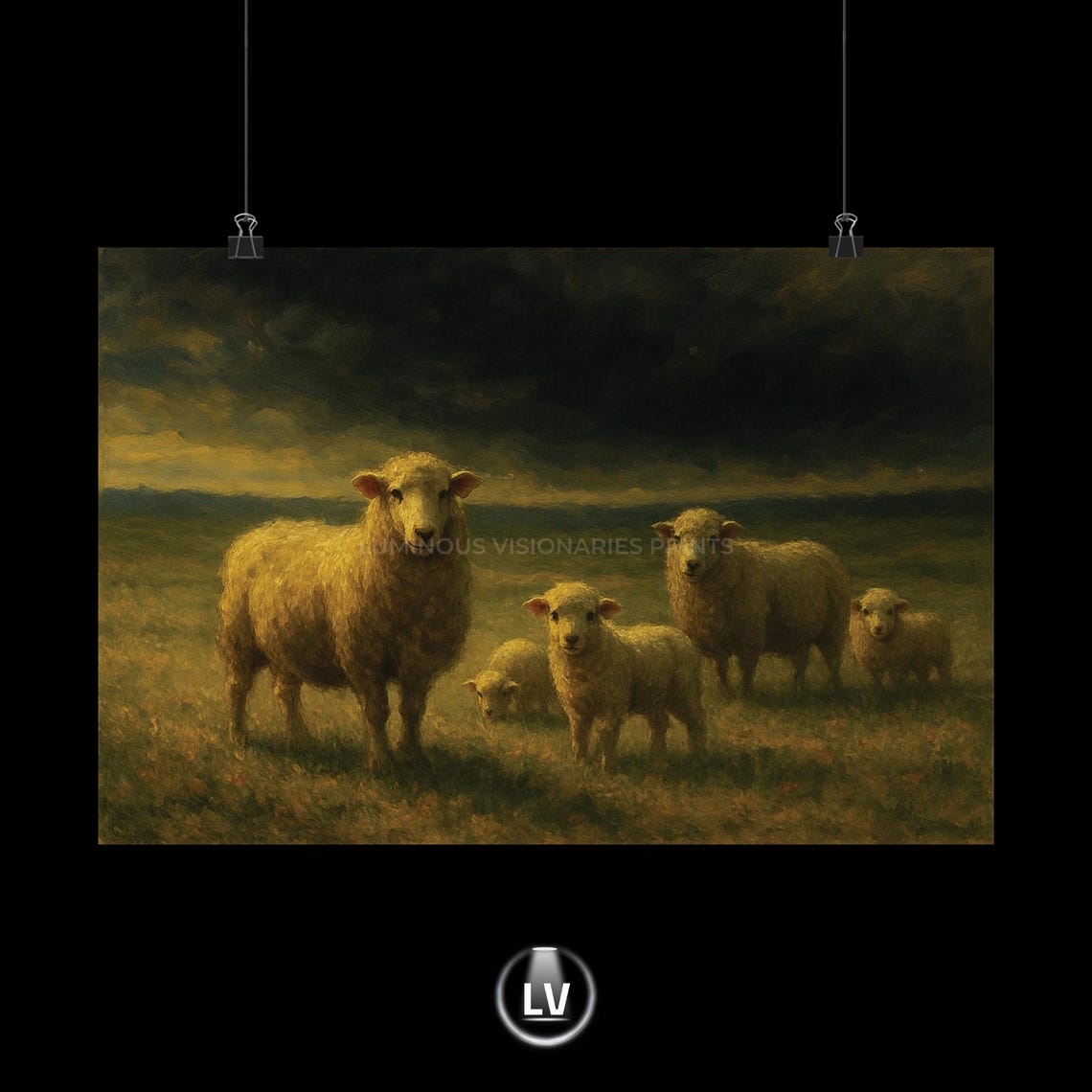 Sheep and Lambs in Field Under Moody Sky Vintage Painting Poster