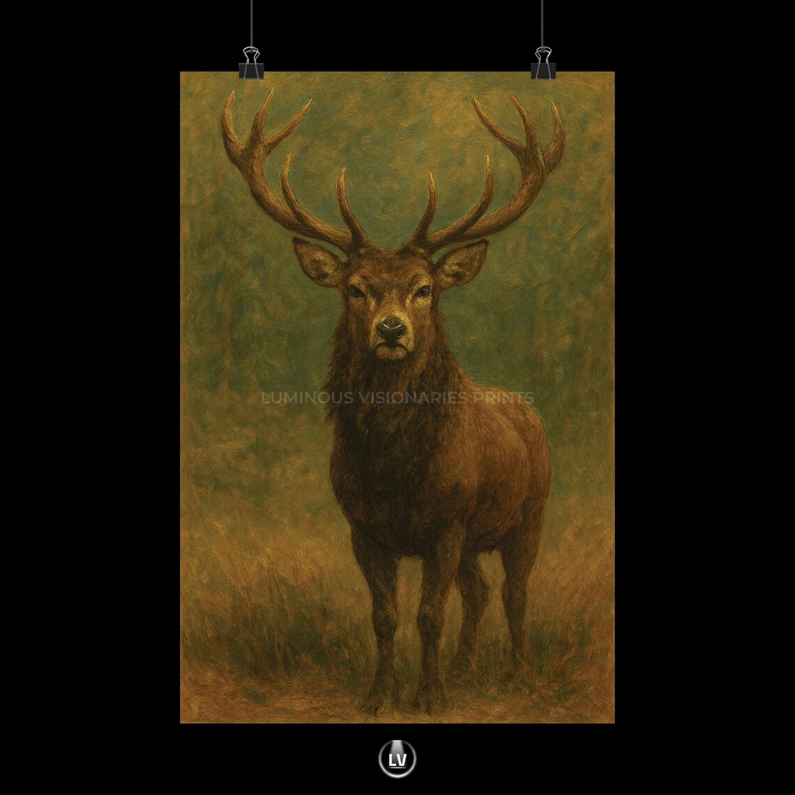 Red Deer Stag Antlers Golden Meadow Vintage Wildlife Painting Poster