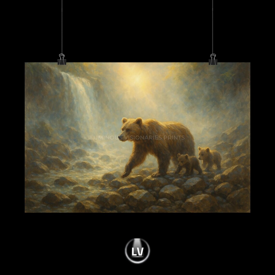 Mother Bear and Cubs Crossing a Rocky River Wildlife Art Poster