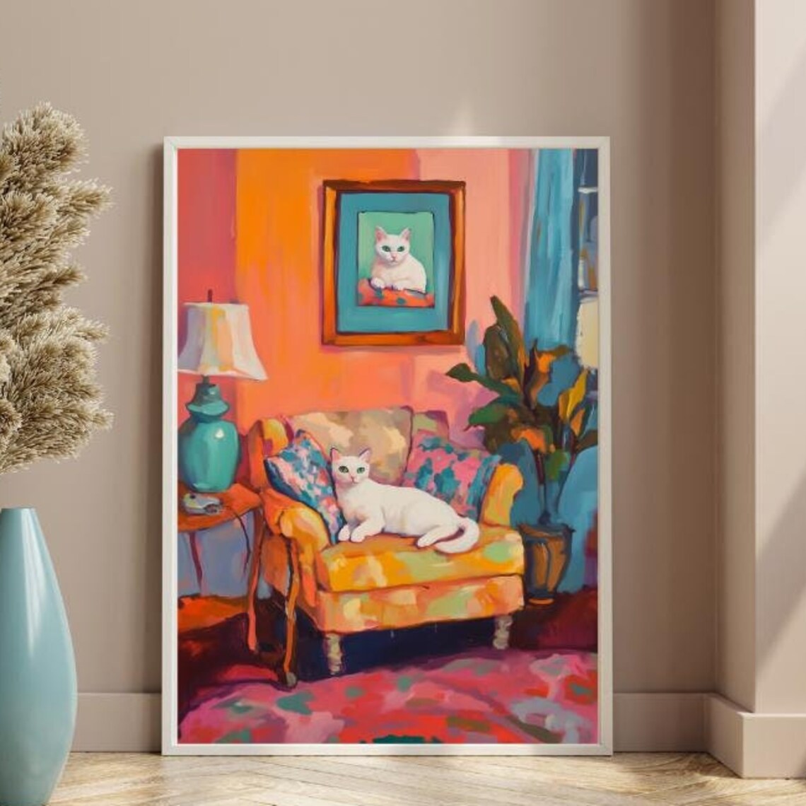 White Cat Lounging Armchair Colorful Maximalist Living Room Poster