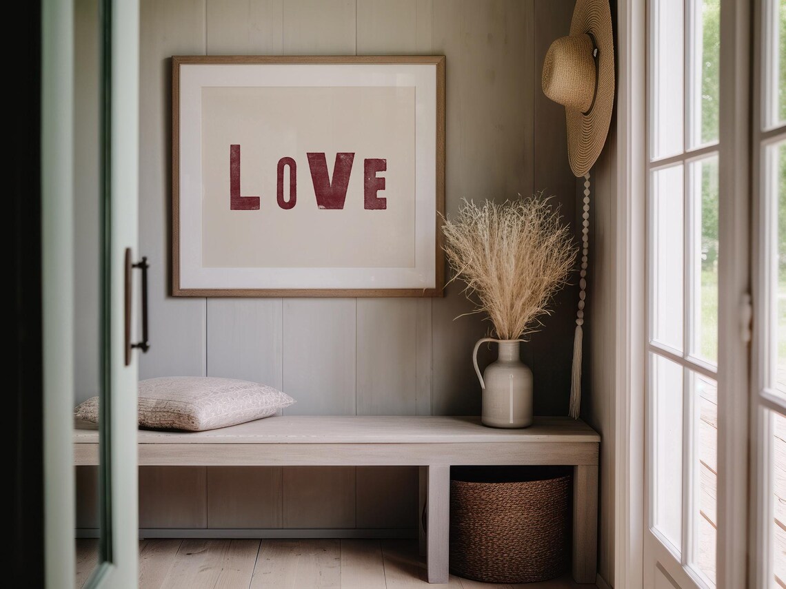 LOVE Burgundy Letterpress Typography Romantic Entryway Wall Poster