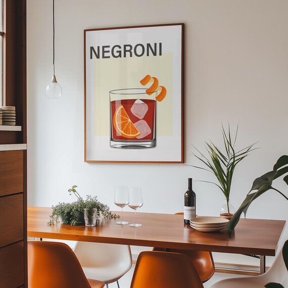 Negroni Cocktail Orange Garnish Retro Bar Cart Illustration Poster
