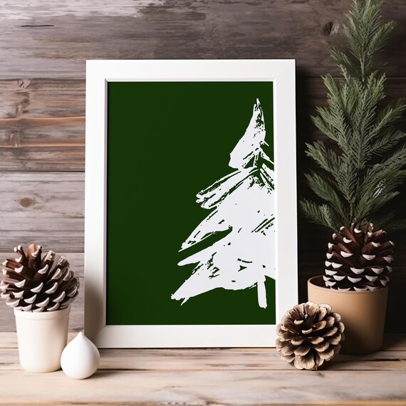 Modern White Christmas Tree Forest Green Brushstroke Minimal Holiday Poster