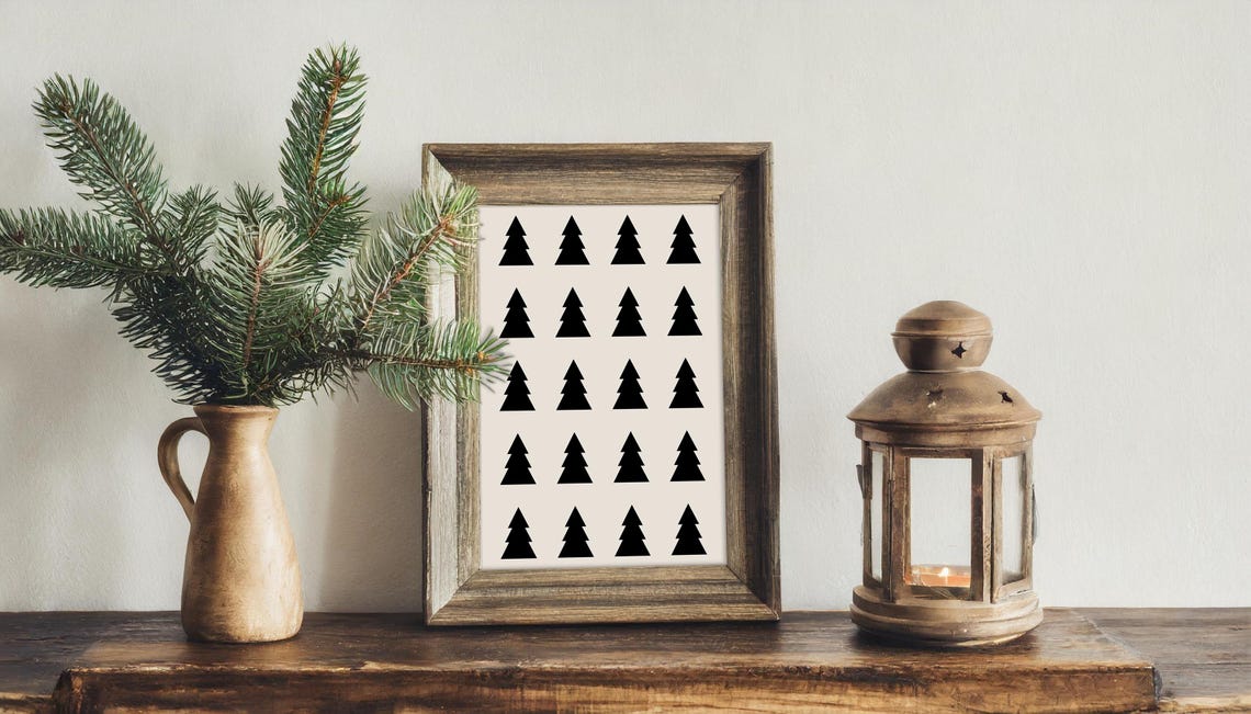 Black Pine Trees Grid Minimalist Rustic Farmhouse Christmas Wall Art