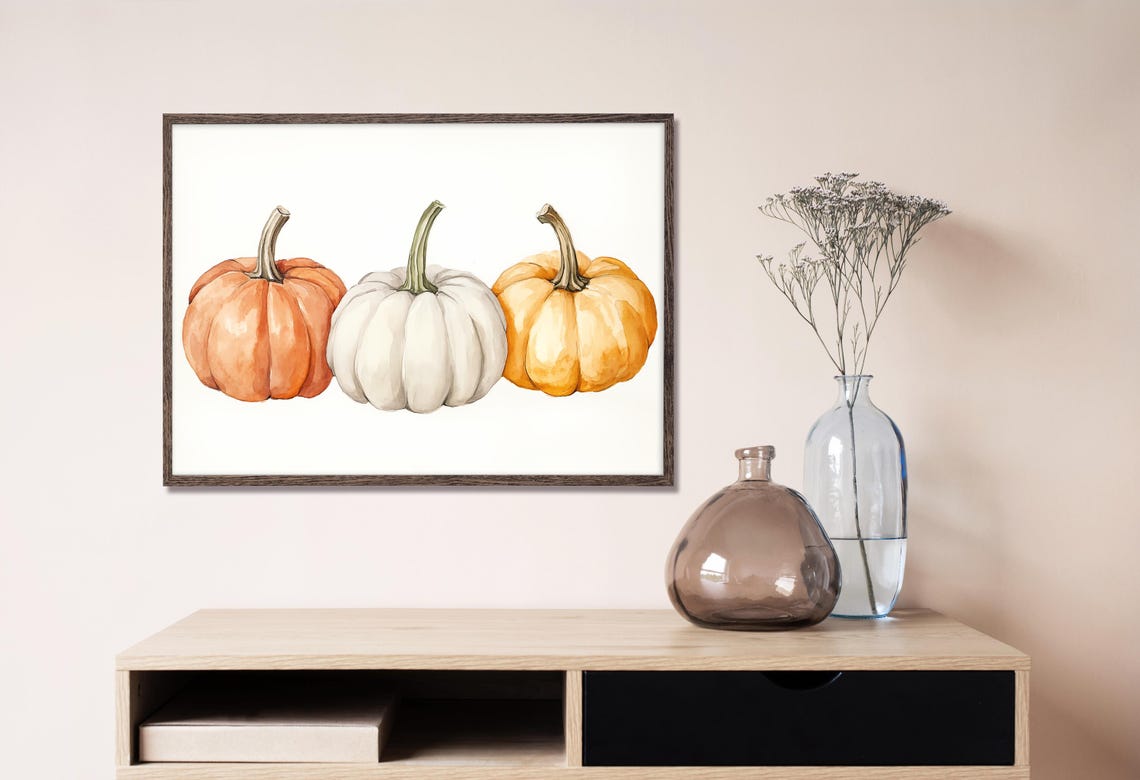 Three Watercolor Pumpkins Orange White Fall Harvest Kitchen Poster