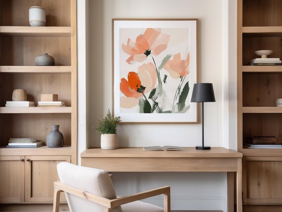 Peach Floral Abstract Poppies Modern Minimalist Botanical Print