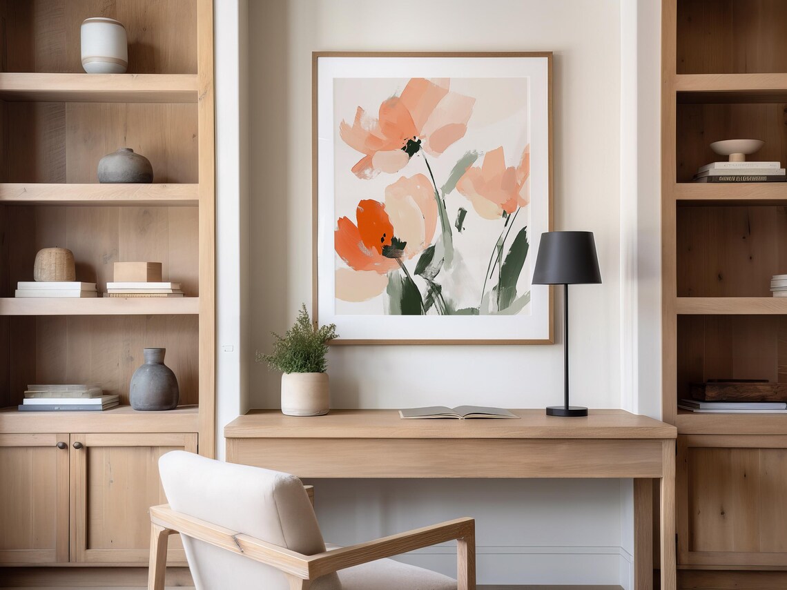 Peach Floral Abstract Print Modern Minimalist Botanical Wall Art