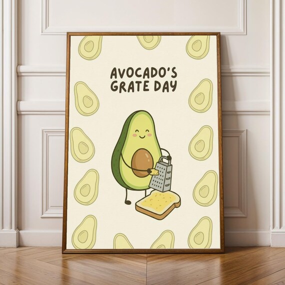 Avocados Grate Day Funny Food Illustration Cream Olive Kitchen Art Poster