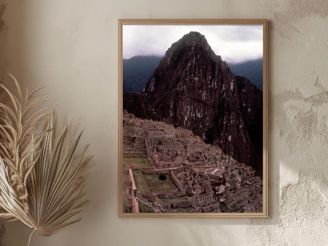 Peru Machu Picchu Ruins Huayna Picchu Moody Clouds Vintage Poster