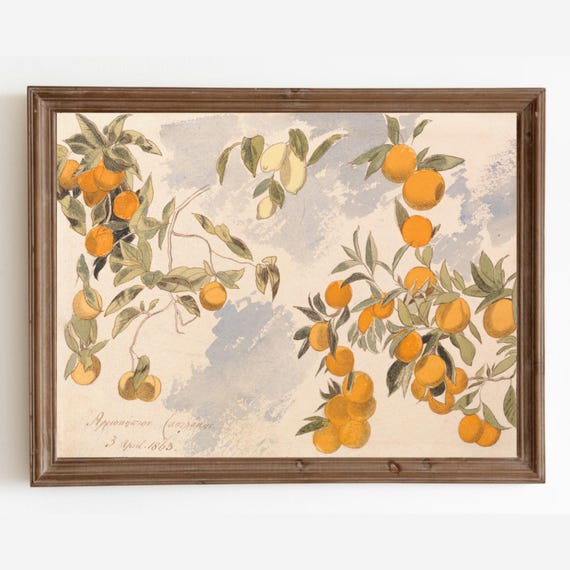 Vintage Watercolor Fruit Tree Painting Orange And Lemons Still Life Vintage Painting Antique Artwork Kitchen Print Wall Art