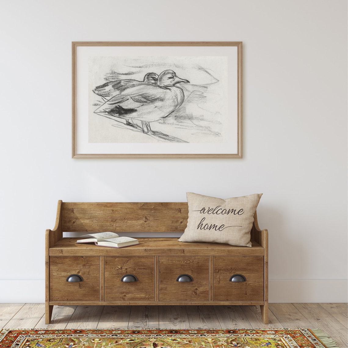 Sleeping Duck Resting Antique Wild Charcoal Bird Sketch Wall Art - Image 2