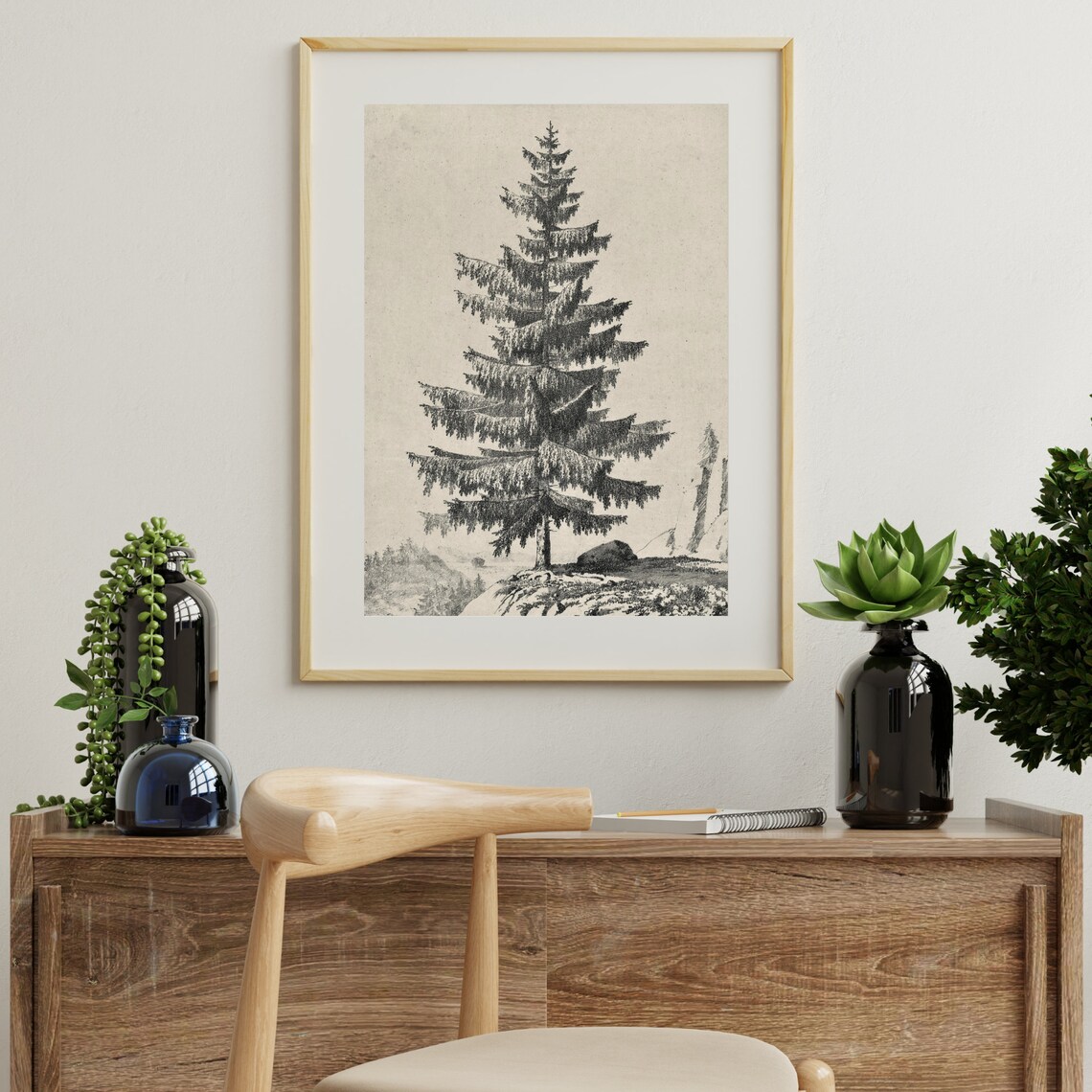 Neutral Tree Sketch, Vintage Pine Drawing Art Print - Image 2