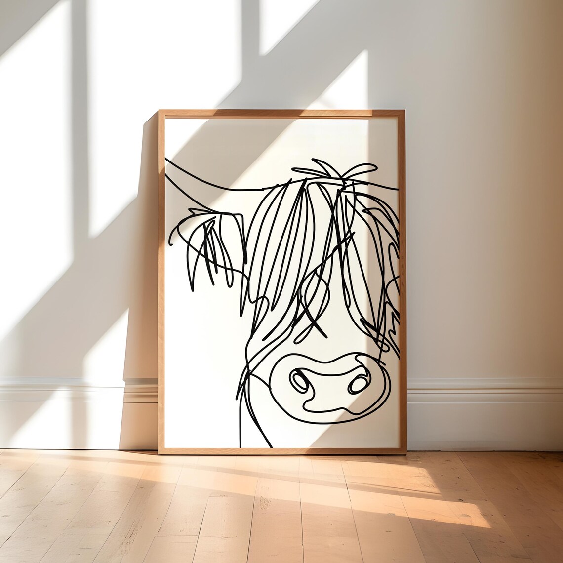 Highland Cow Minimalist Line Art Black White Animal Sketch Poster