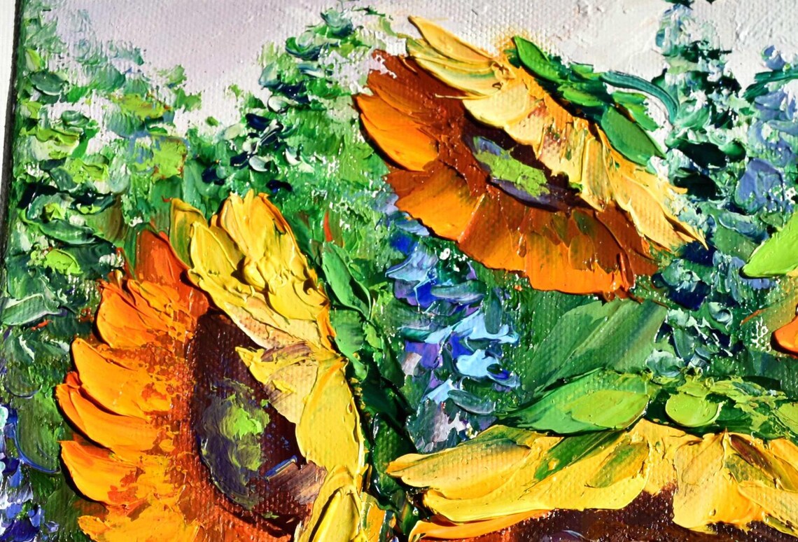 Orange Sunflowers Purple Bloom Garden Impasto Oil Painting Poster - Image 3