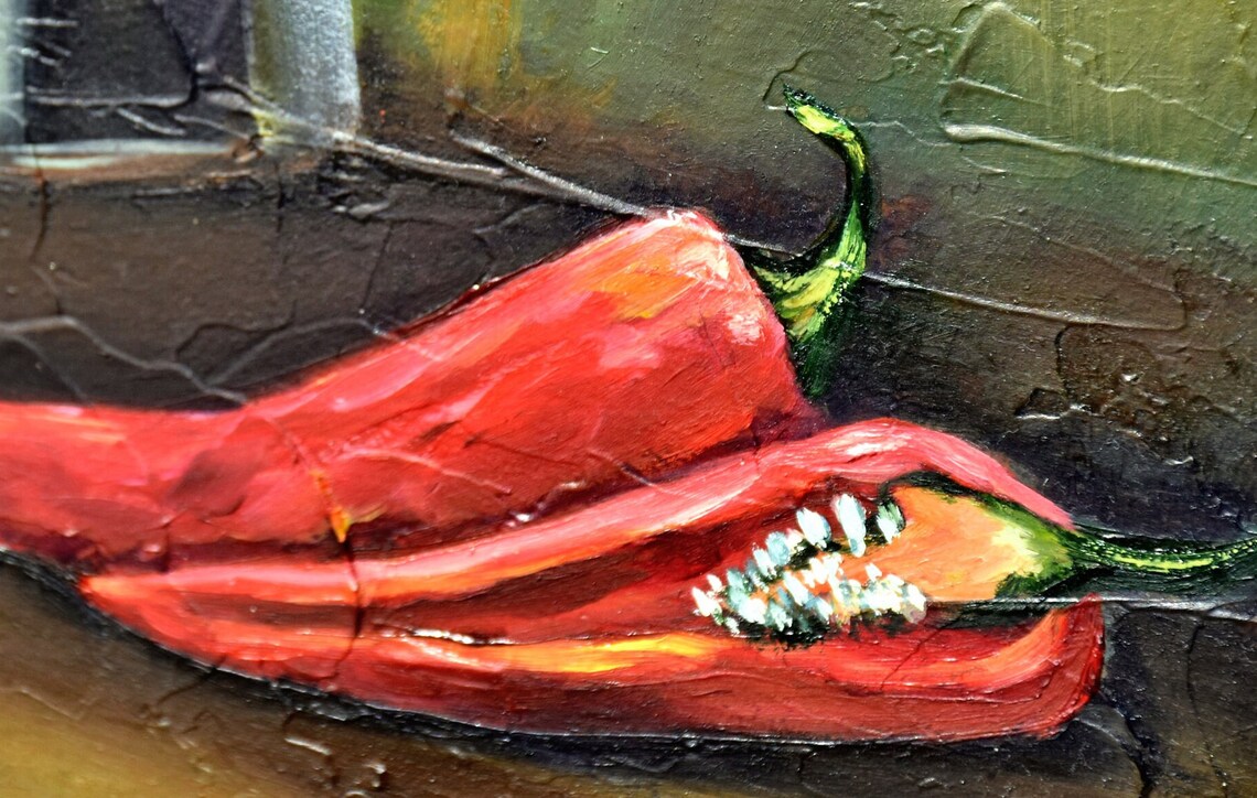 Moka Pot Coffee Cup Red Chili Peppers Impasto Still Life Poster - Image 3