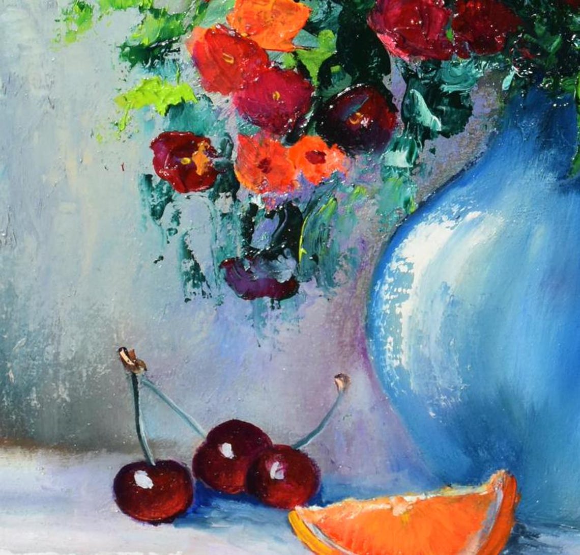 Red Wildflowers Still Life Art Berries Art Flowers Red Flowers Art Red Wildflowers Oil Painting Kitchen Food Art Palette Knife Art Flower - Image 5