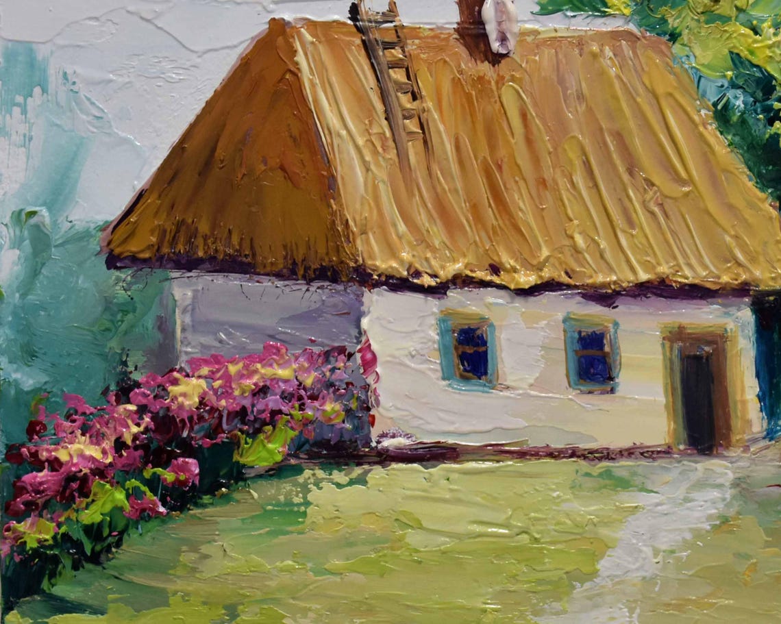 Ukrainian Landscape Ukrainian Flowers Ukrainian House Art Folk Art Painting Ukraine Art Impasto Painting Original Oil Art Ukrainian Art - Image 2