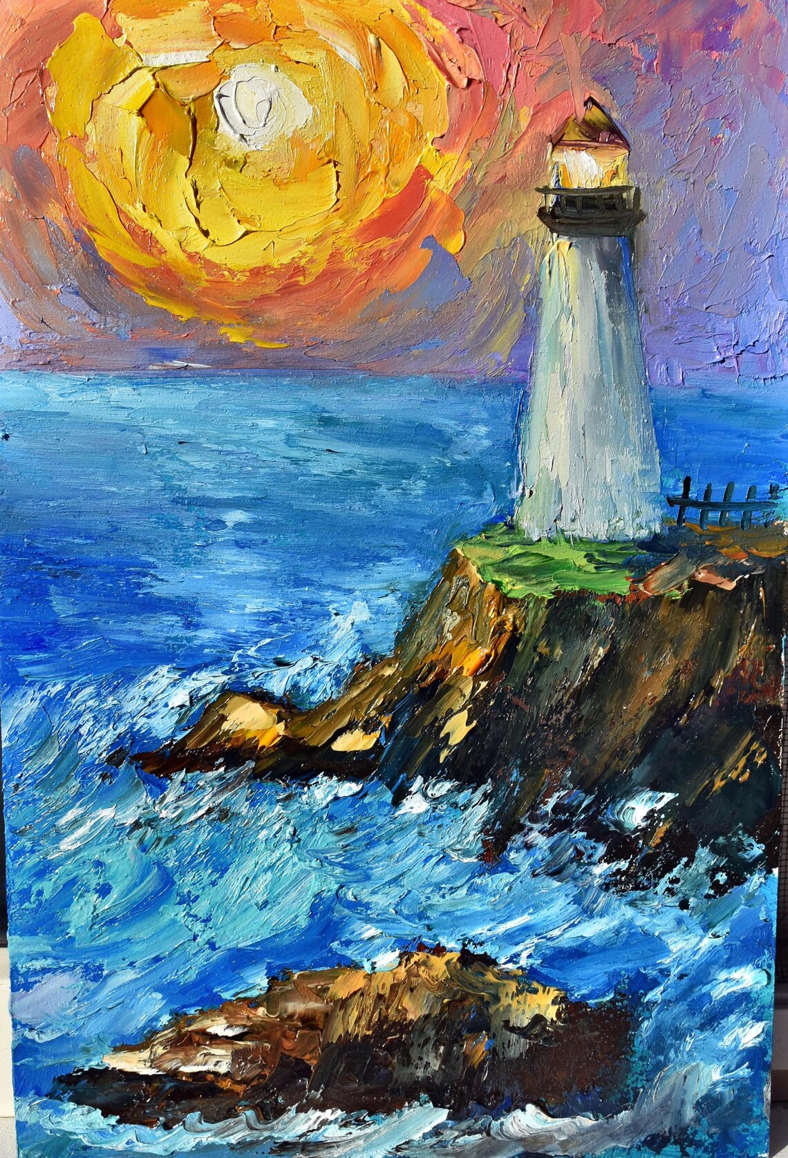 Lighthouse Art Mediterranean Art Oil Art Miniature Art Above Bed Art Impressionist Art Landscape Painting Wall Art Sea Summer Landscape Livi - Image 2