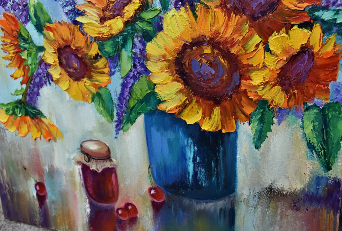 Sunflower Vase Cherry Jam Jar Sweet Kitchen Still Life Painting Poster - Image 3