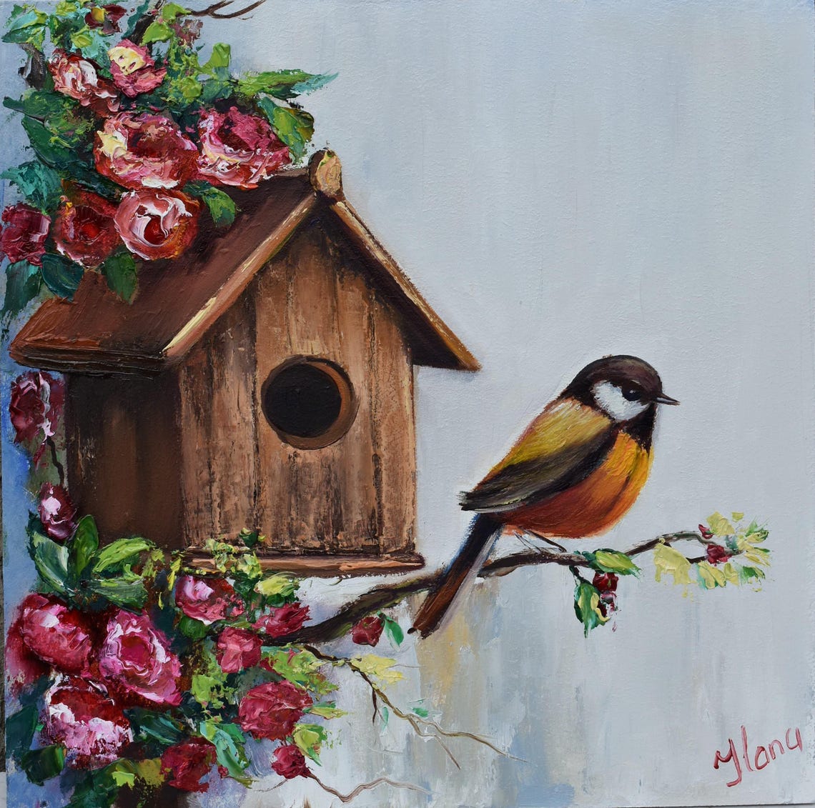 Bird Oil Painting Birds Art Oil Art Bird Artwork Bird Wall Art Home Decor Modern Birds Painting Art Bird Painting 12x12 Art Birds Flowers