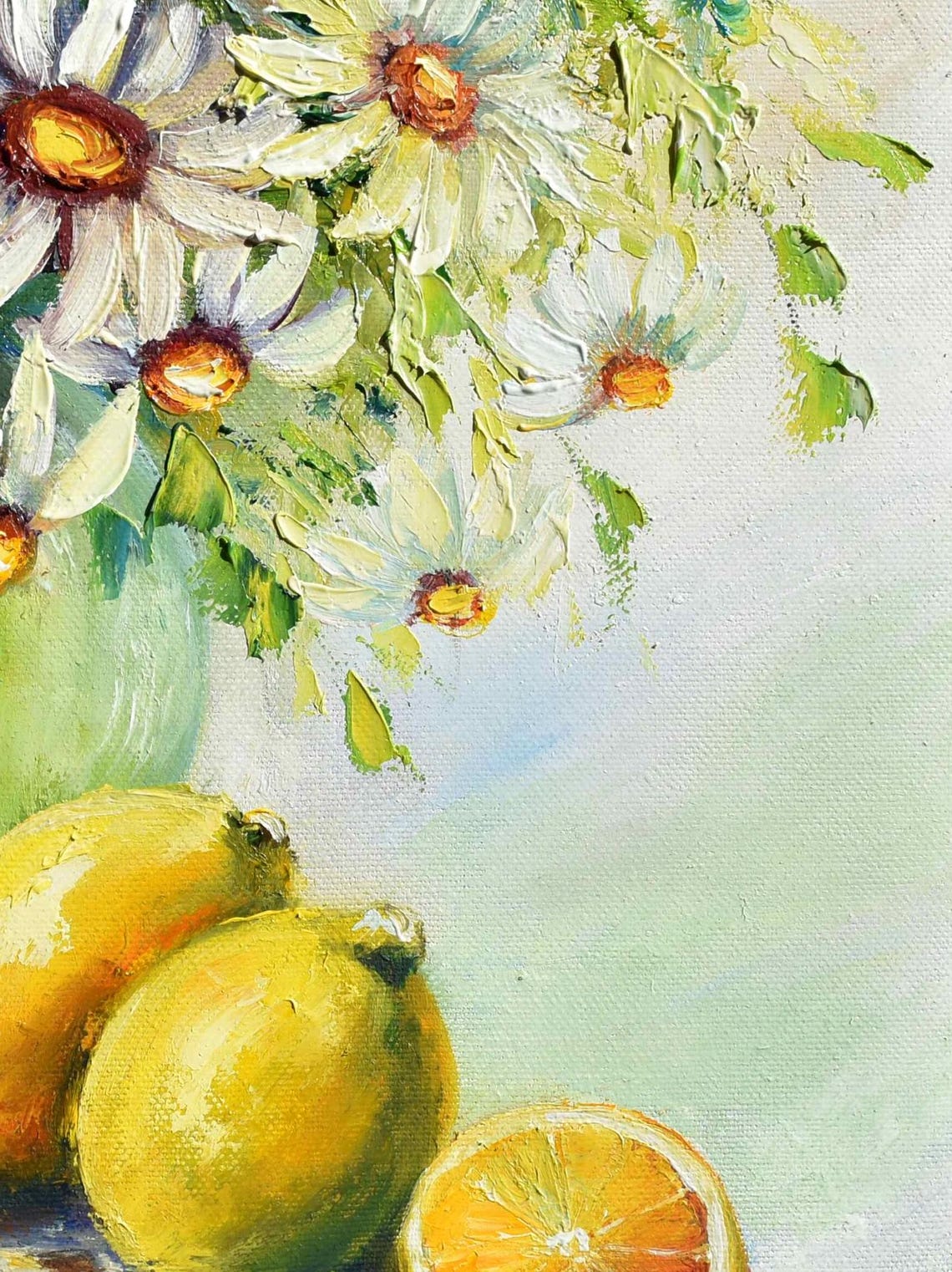 Lemon Painting Field Daisies Art Kitchen Art Food Fruits Wall Art Fruit Painting Daisies Still Life Art Food Art Kitchen Painting Impasto - Image 2