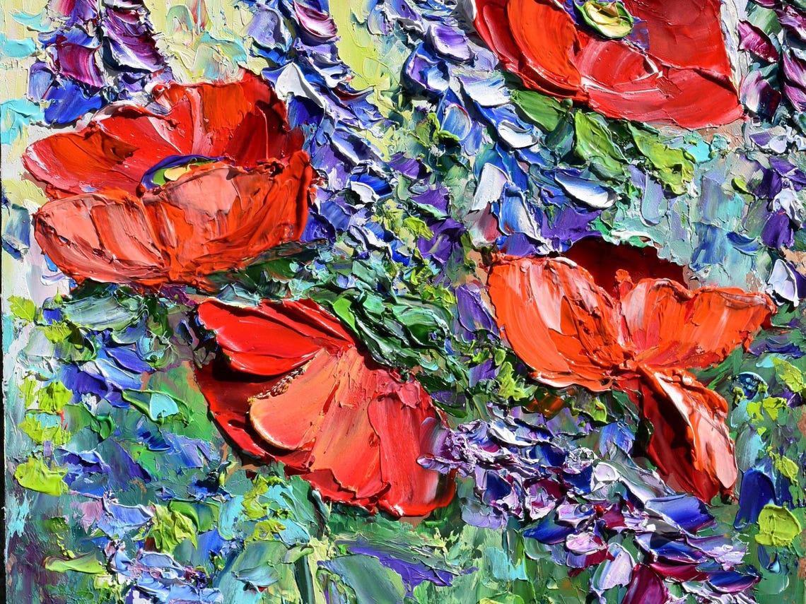 Poppies Landscape Poppy Original Art Impasto Flowers Wildflowers Art Poppy Wall Art Floral Artwork Flowers Painting Red Poppies Art Red Popp - Image 4