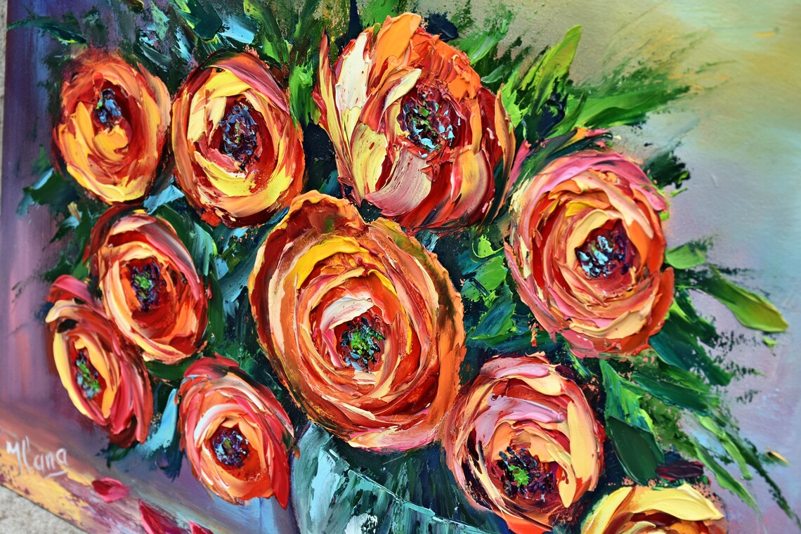 Orange Red Roses Glass Vase Bouquet Impasto Oil Painting Floral Poster - Image 4
