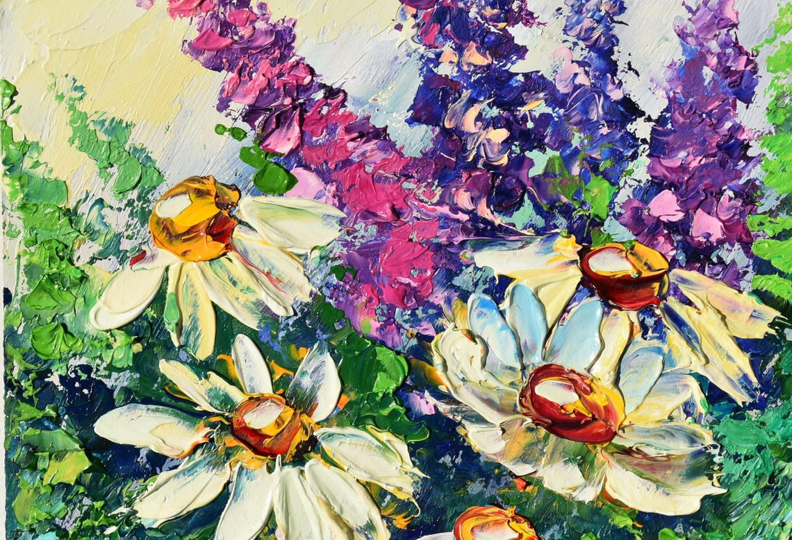 White Flower Art Daisy Wall Art Flowers Painting White Daisies Art Chamomile Oil Painting Flowers Impasto Knife Oil Painting Textured Flower - Image 4