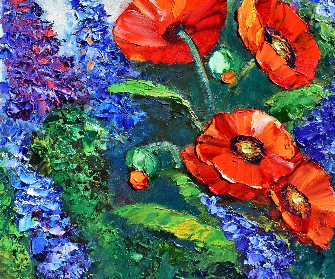 Red Poppies Blue Delphiniums Garden Impasto Oil Painting Floral Poster - Image 5