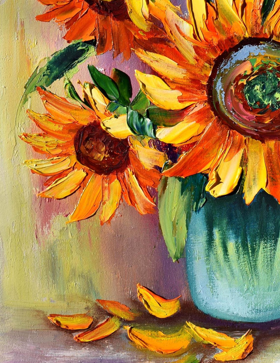 Sunflowers Oil Art Impasto Oil Painting Sunflower Still Life Sunflower Wall Art Sunflowers Painting Floral Art Original Orange Flower Art 3d - Image 4
