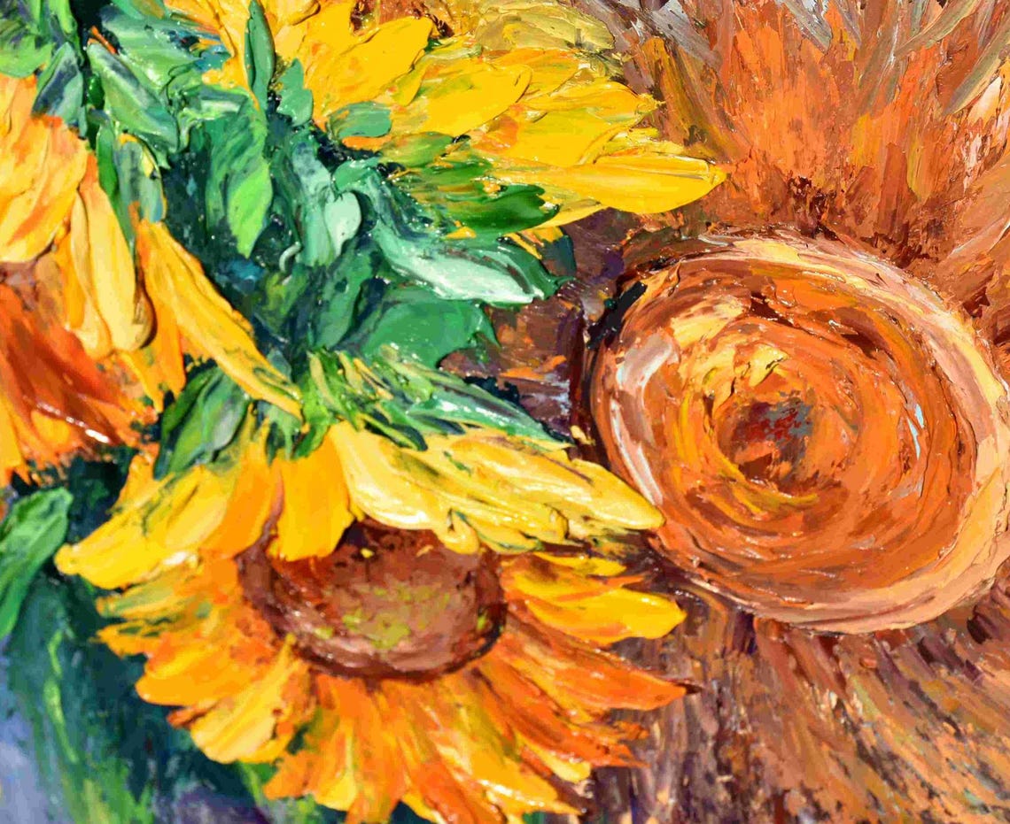 Sunflower Art Flowers Painting Straw Hat Art Sunflowers Painting Wildflowers Oil Art Flower Oil Painting Impasto Painting Meadow Wall Art - Image 2