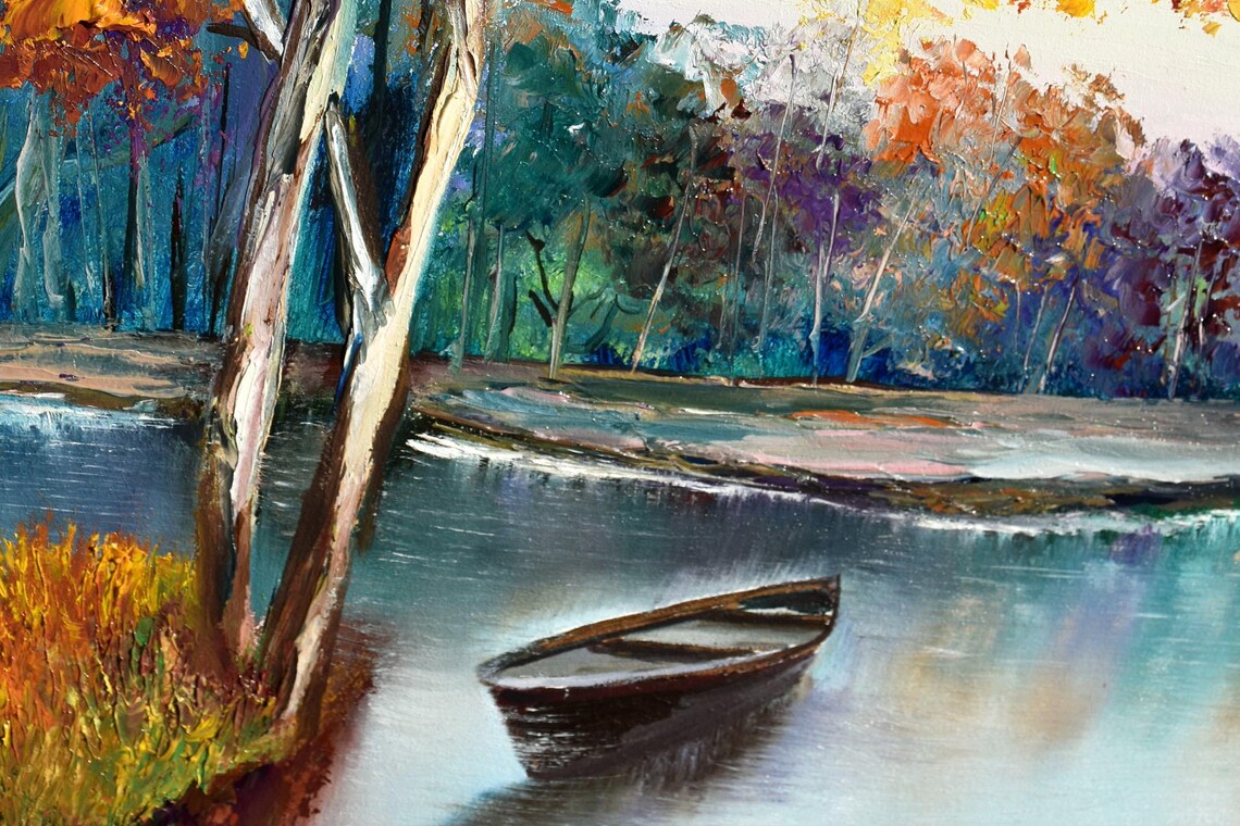 Autumn River With Boat And Red Fall Trees Landscape Art Poster - Image 3