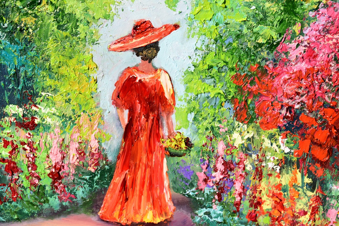 Girl In A Flower Garden Art Lady In Red Art Girl With A Basket Of Flowers In A Flower Garden Art Lady In A Red Dress Square Painting Meadow - Image 5