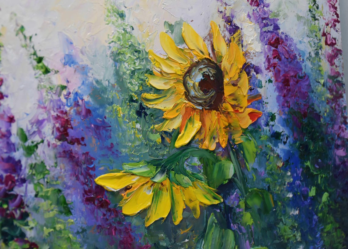Sunflower Painting Sunflower Art Sunflower Room Decor Summer Landscape Art Yellow Flower Art Original Art Flower Oil Painting Textured Wall - Image 5