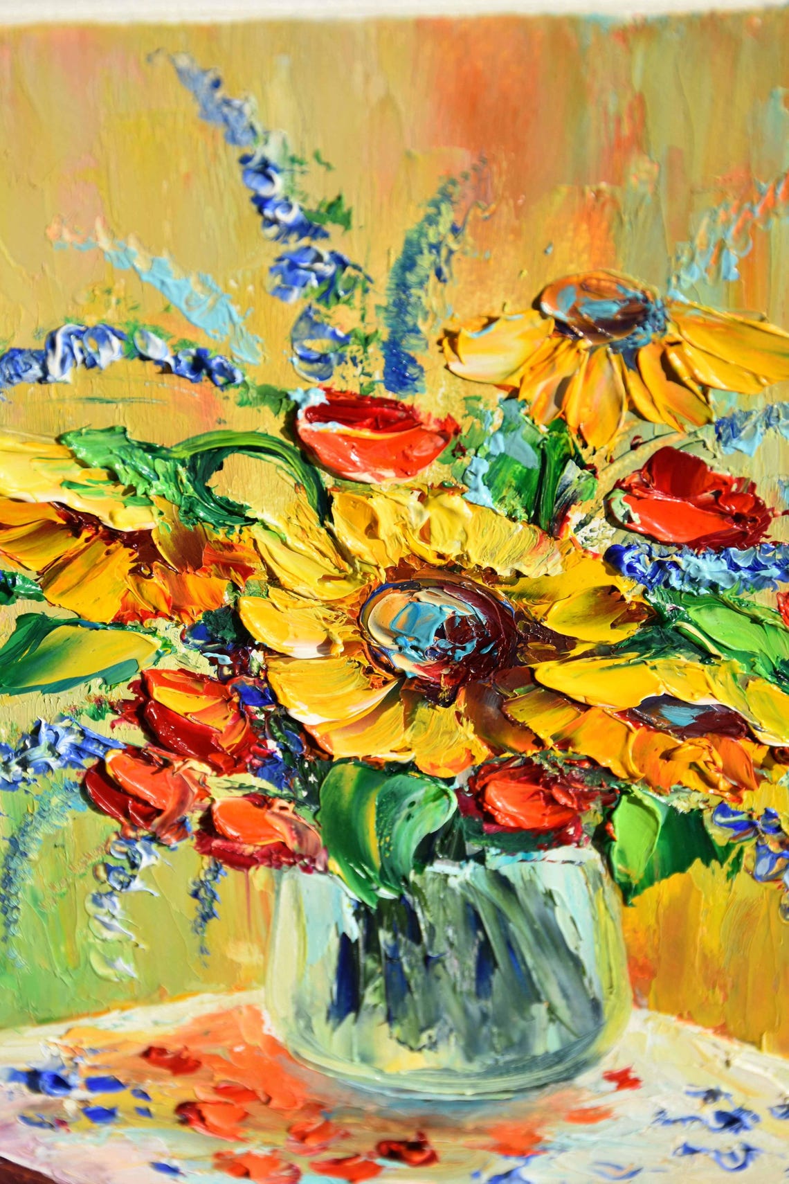 Sunflowers Painting Small Wall Art Still Life Painting Sunflower Wall Art Poppies Painting Yellow Flower Art Red Poppies Art Poppy Painting - Image 2