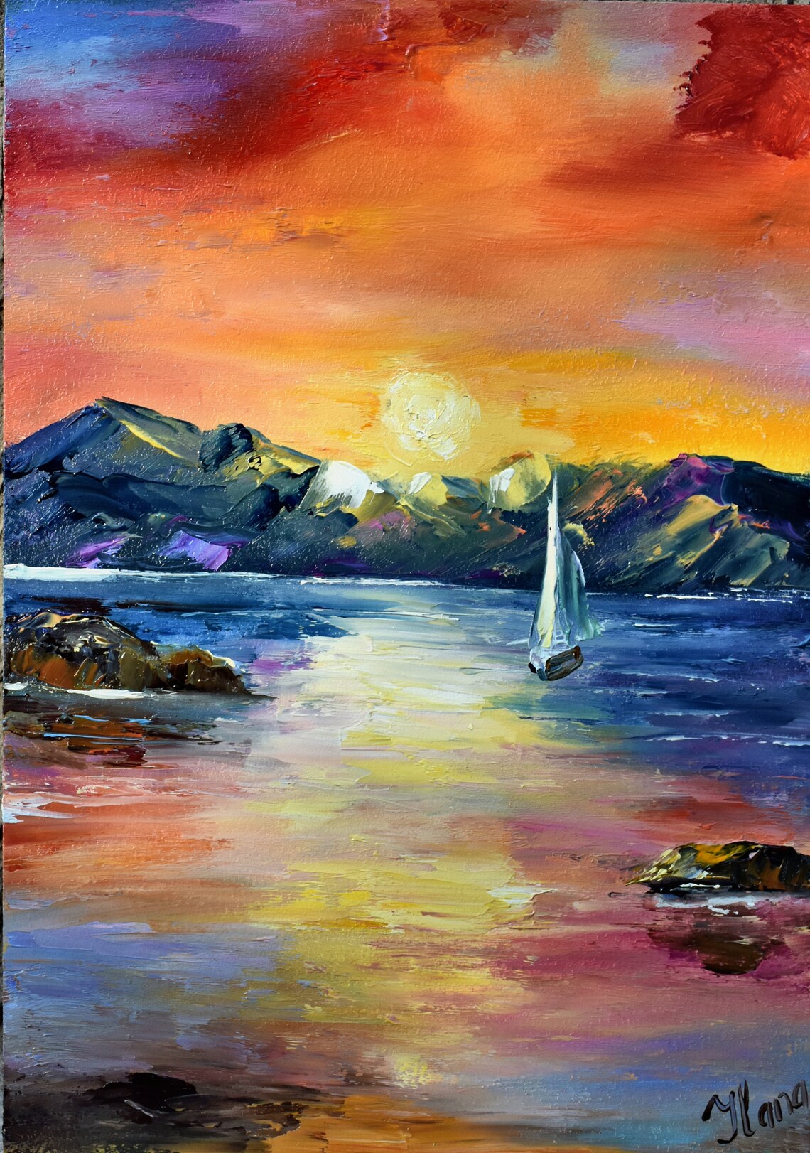 Seascape Artwork Painting Sea Colorful Sunset Sailboat Painting Sailboat Artwork Mediterranean Art Tropical Painting Lagoon Beach Art Sunse