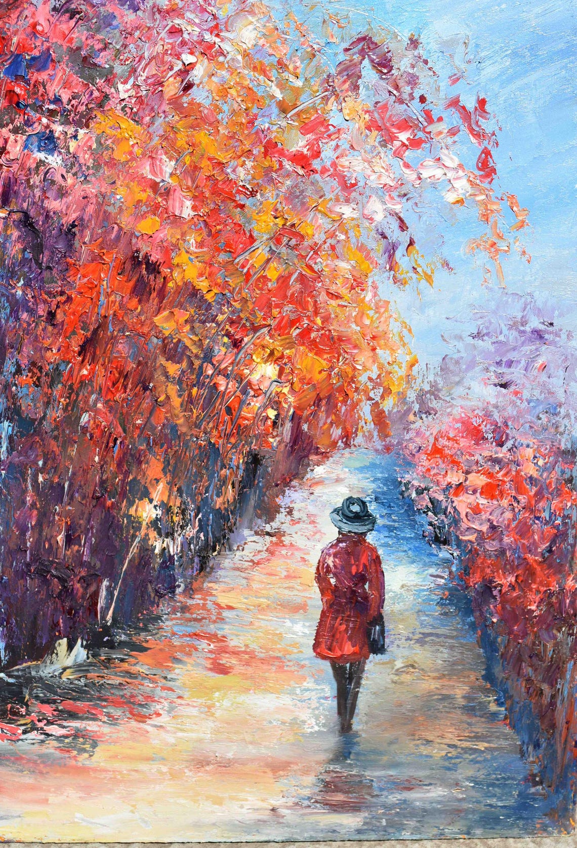 Lady In Red Art City Scape Painting Girl Original Art Woman Oil Painting Landscape Painting Girl In Hat Art Girl Painting Cityscape Art - Image 3