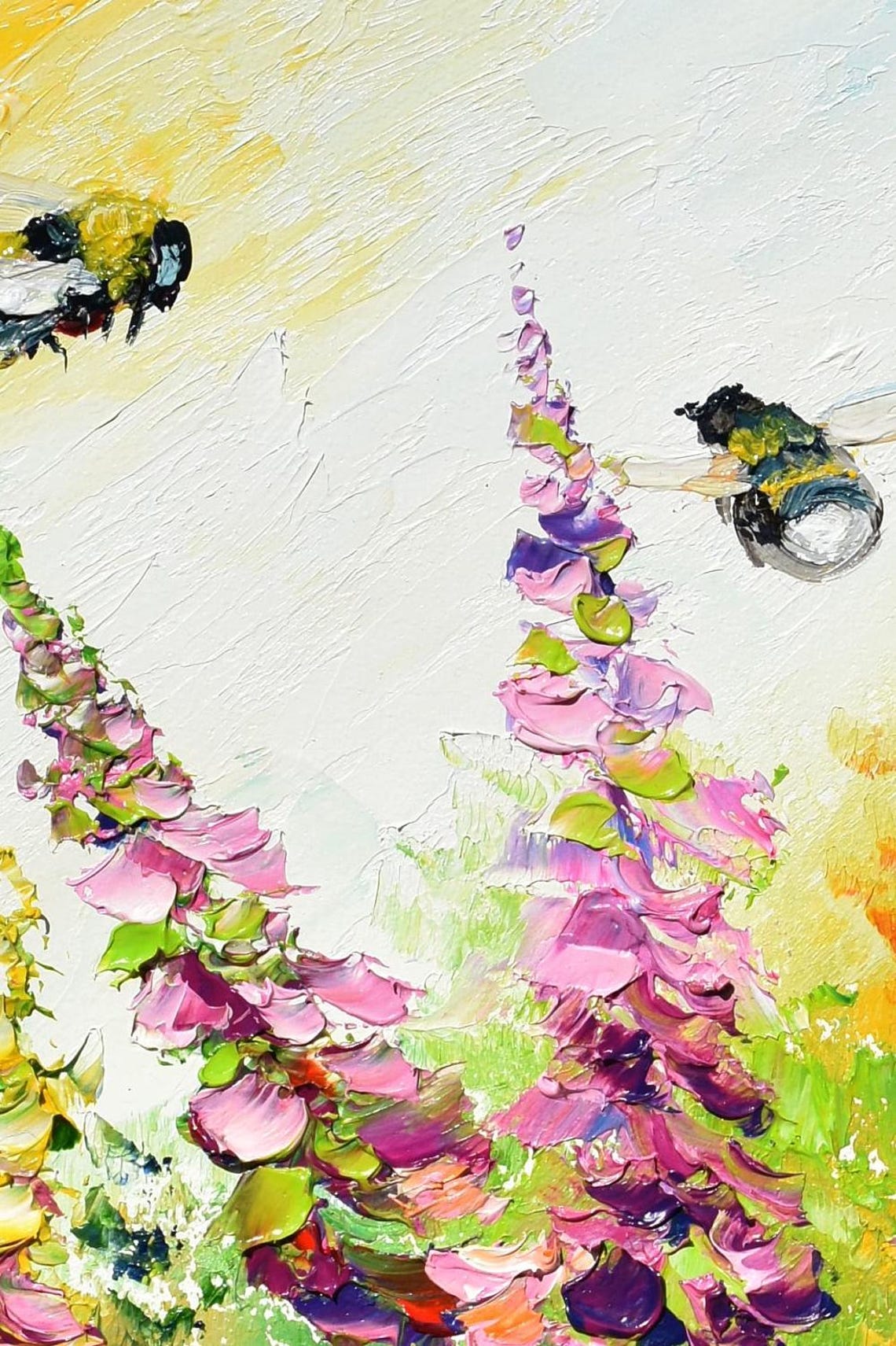 Meadow Wall Art Landscape Painting Bee Art Palette Knife Art Honey Bee Art Flowers Oil Painting Pink Flower Art Wall Oil Painting Flower - Image 5