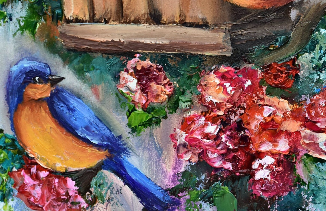 Birds Painting Birds Art Bird Oil Painting Birds Art Work Floral Painting Original Art Bird Birds Nest Art Bright Bird Art Painting Of Flowe - Image 5
